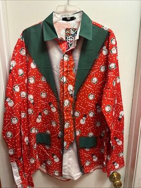 Festive Red & Green Holiday “Blazer” Button Down Shirt